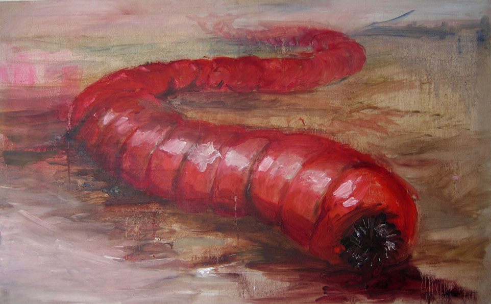 According to adventurer Ivan Mackerle, the Mongolian death worm was a red, fleshy, eyeless monster—traits captured in this artistic rendering.