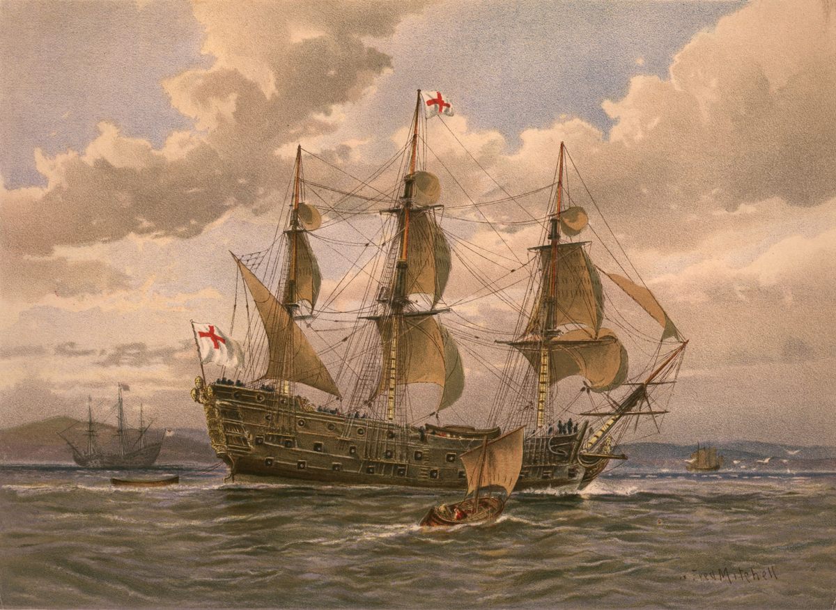 A mid-17th century British battleship. Original Artwork: A lithograph after the painting by W. Fred Mitchell, from 'Her Majesty's Navy' by Luiet Lowe.