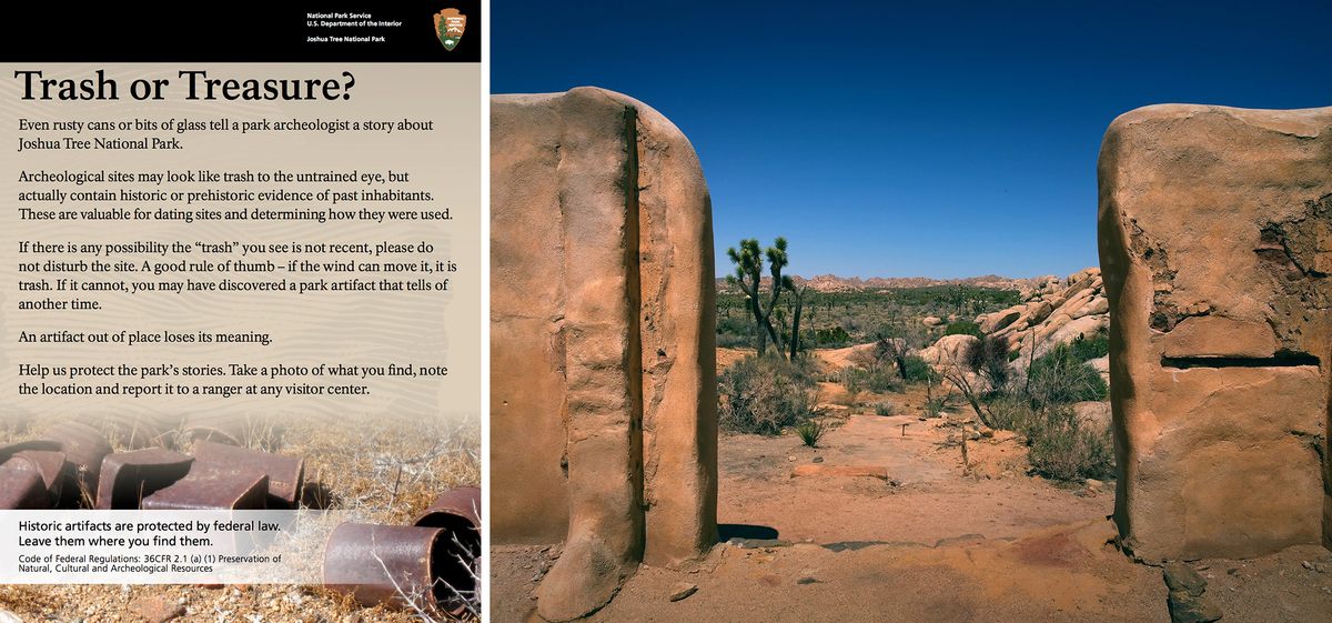 At Joshua Tree, staffers posted signs asking visitors to leave historic trash where they found it.