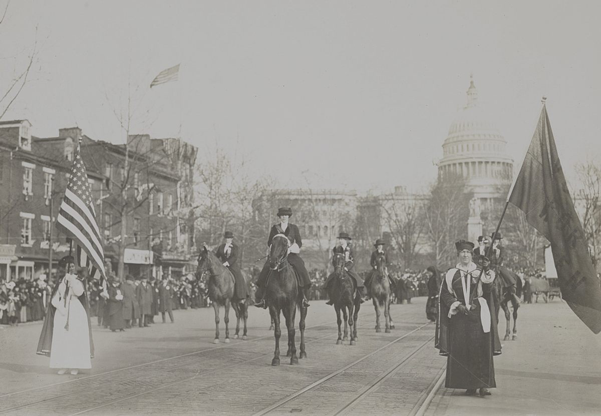 Annie Tinker first led her women's cavalry in the 1913 suffrage parade in New York. Here another mounted suffragist Jane Walker Burleson leads the suffragists' Washington march.