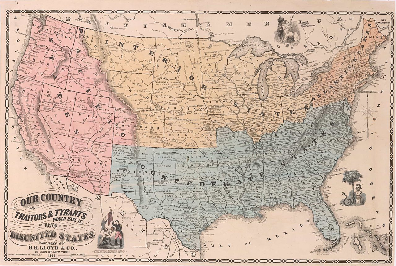 This vintage map, published in 1864 by H.H. Lloyd of New York, reflects anti-secession sentiment by taking secession to an extreme conclusion. 