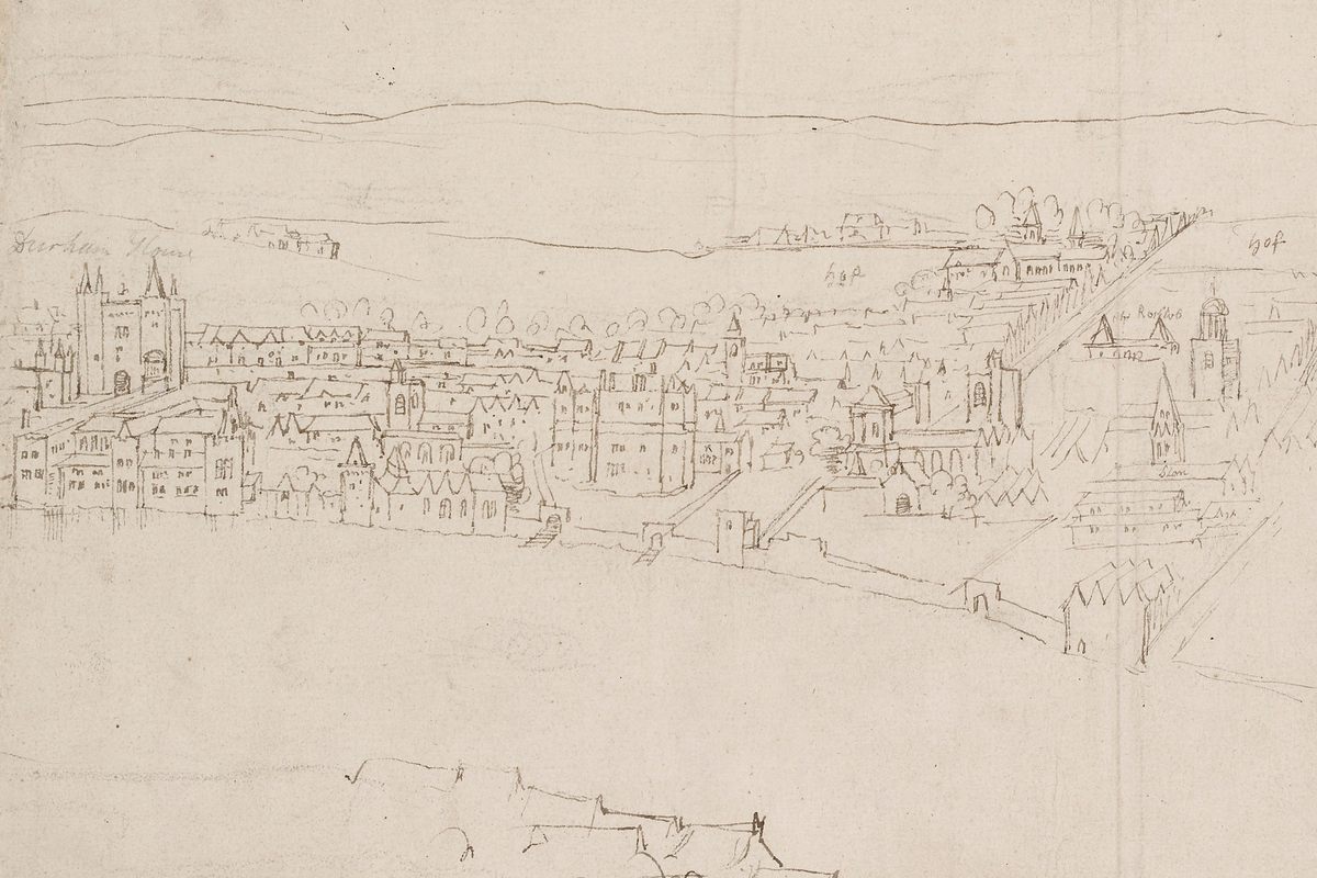 Flemish artist Anthonis van den Wijngaerde sketched this view of the Strand from Southwark around 1543, but experts aren't sure which building represents the Bishop of Chester's Inn.