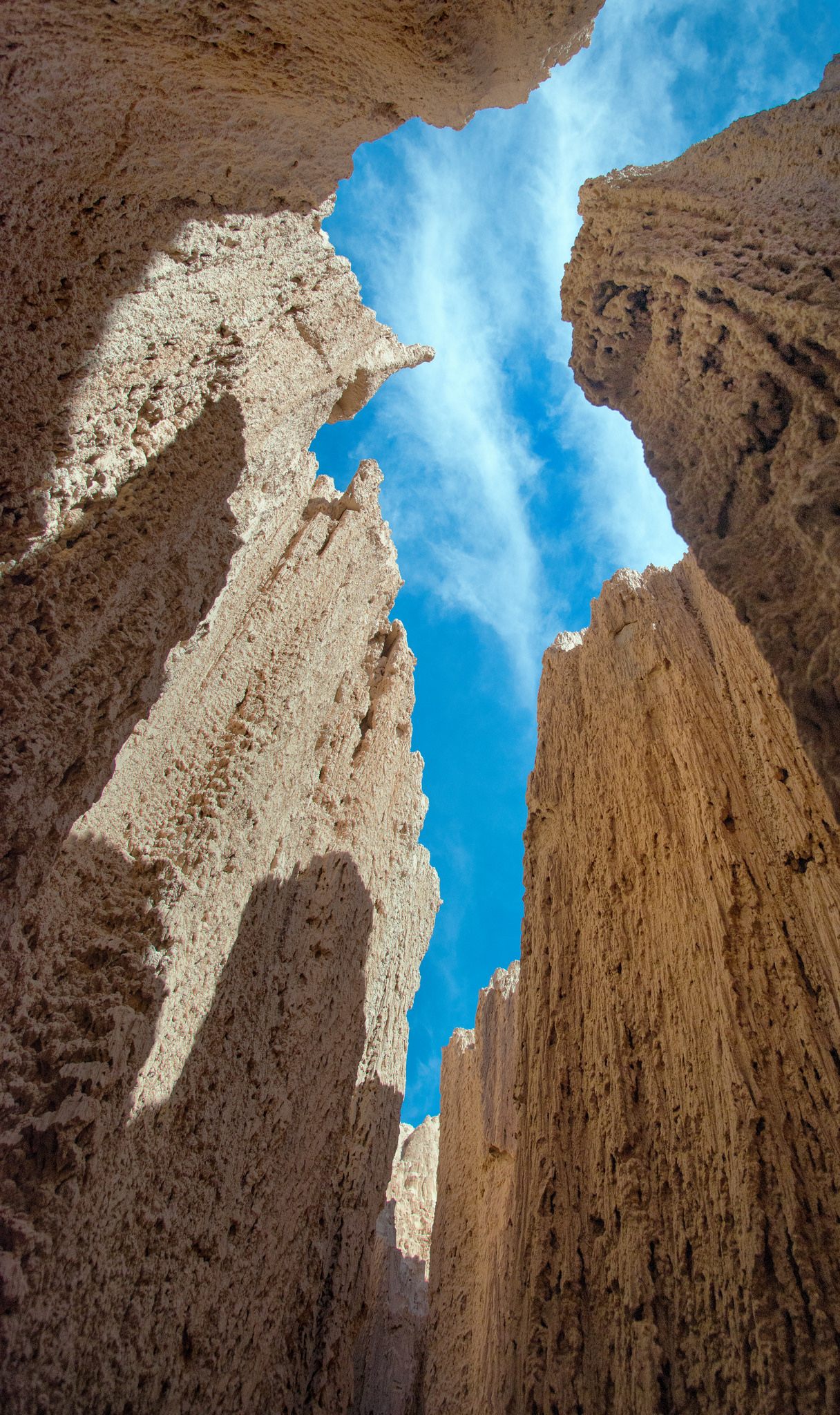 A view from the bottom of one of Cathedral Gorge's slot canyons.