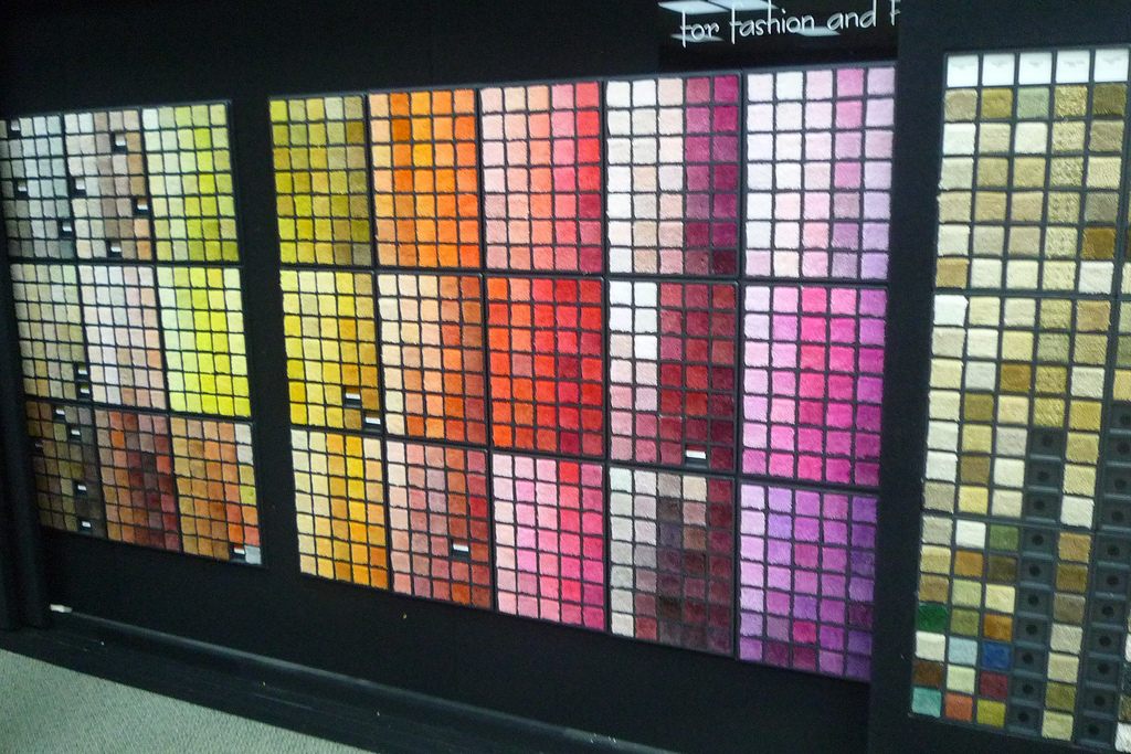 Carpet swatches from Shaw Floors on display in Dalton, Georgia.