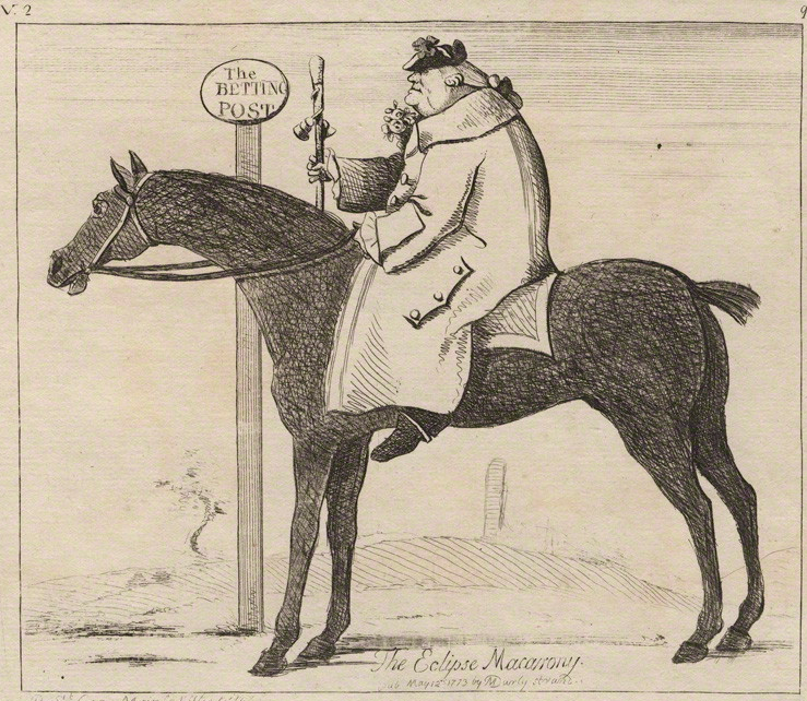 A print from <em>The Betting Post</em> depicting Dennis O'Kelly—sometimes known as Count O'Kelly, despite being neither a count nor an O'Kelly, 1773.