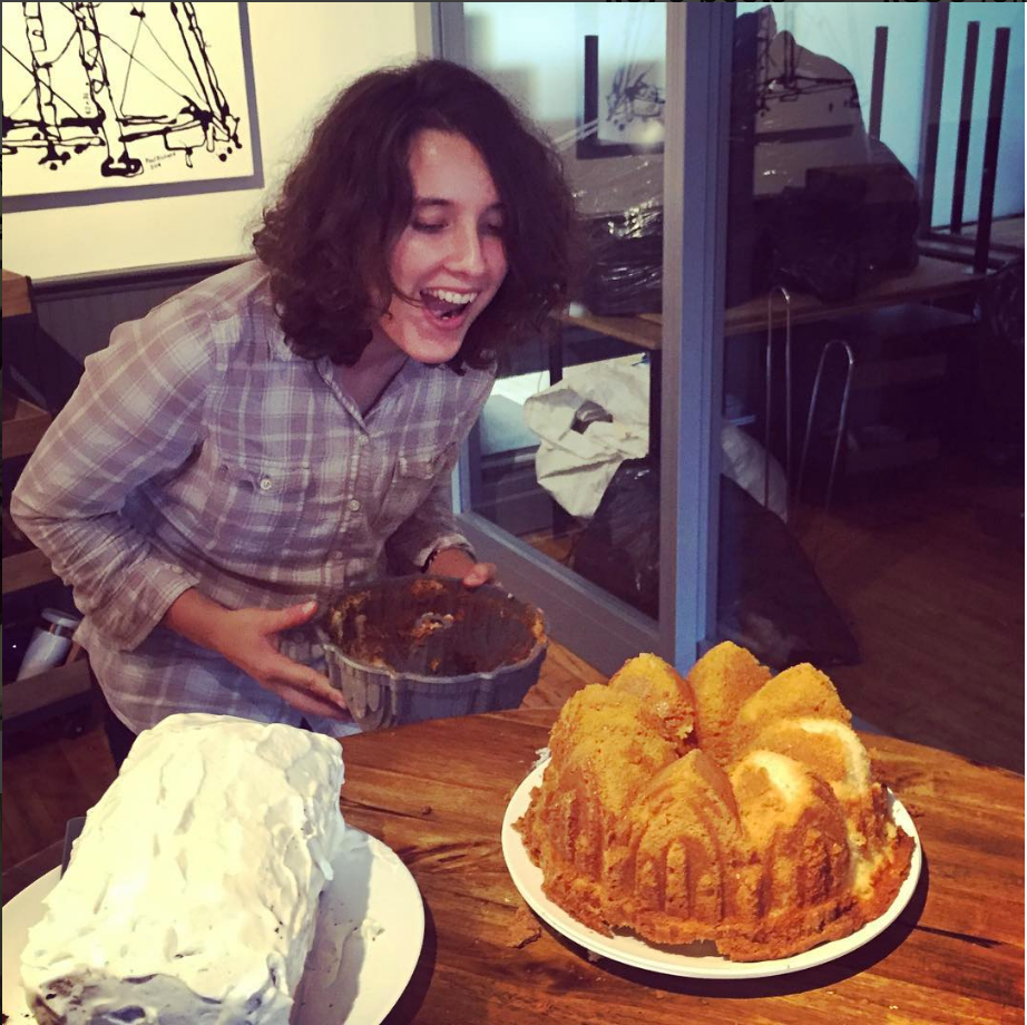 The author, extremely thrilled at the Ann Cake's emergence.