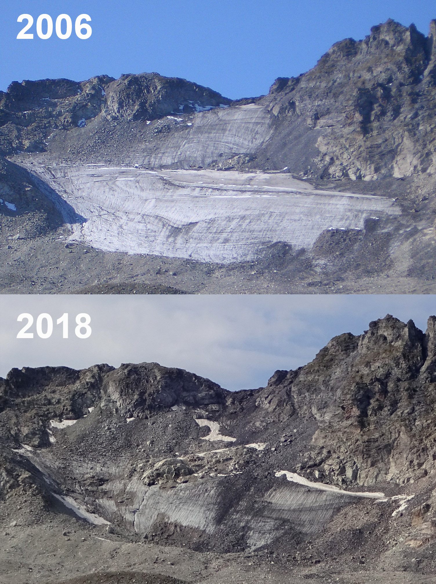  Change of the Pizol Glacier  between 2006 and 2018. This summer, the glacier completely disintegrated and the remaining ice is heavily covered with debris.