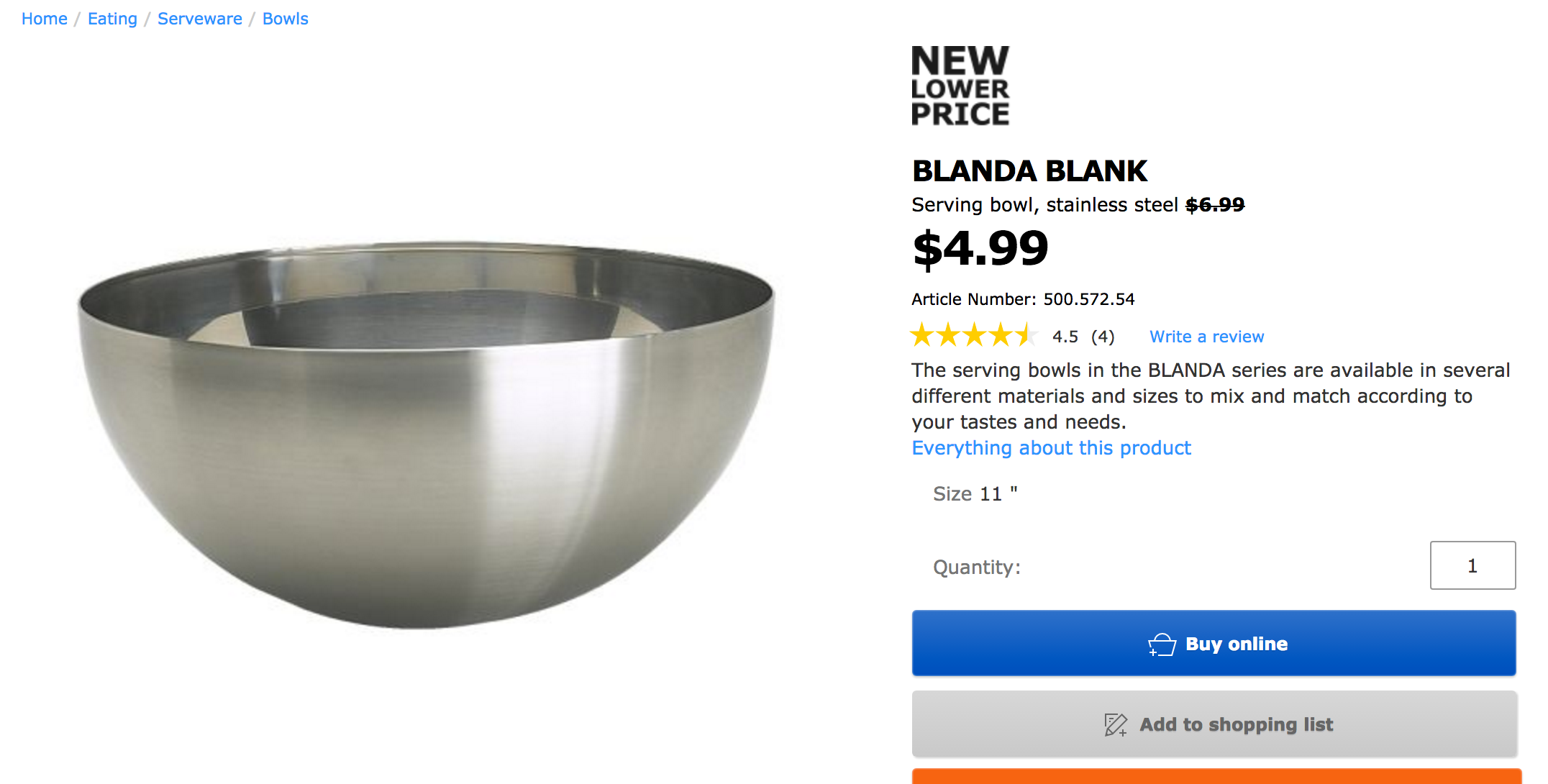 BLANDA BLANK Serving bowl, stainless steel, Height: 2 Diameter: 5