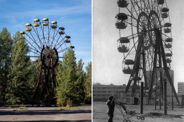 The Ferris wheel in Pripyat’s Luna Park was intended for a grand opening on May 1, 1986. That ceremony never came, and now fresh trees have broken through the surrounding tarmac.