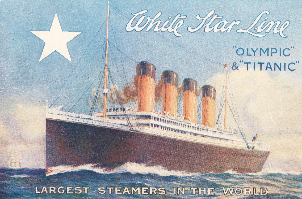 A White Star Line postcard promoting two new steamships: <em>Olympic</em> and <em>Titanic</em>.