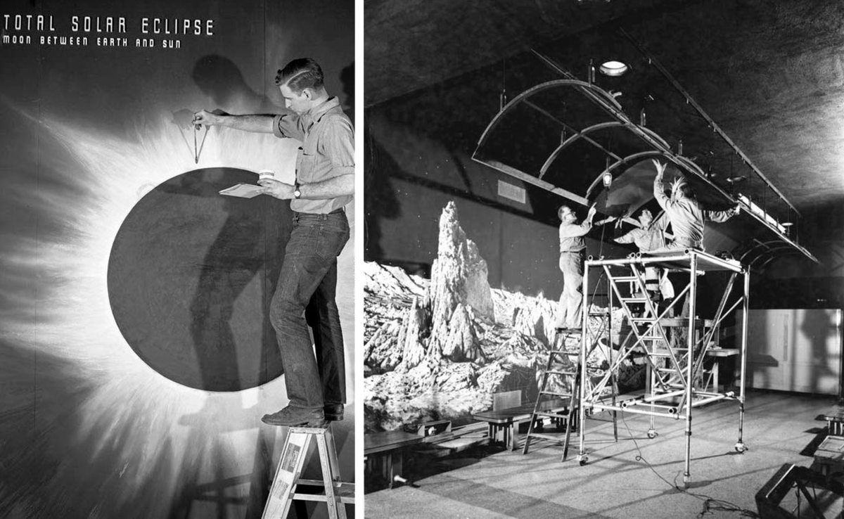 Painters worked on the accuracy and beauty of the murals, while other staffers installed light shields.