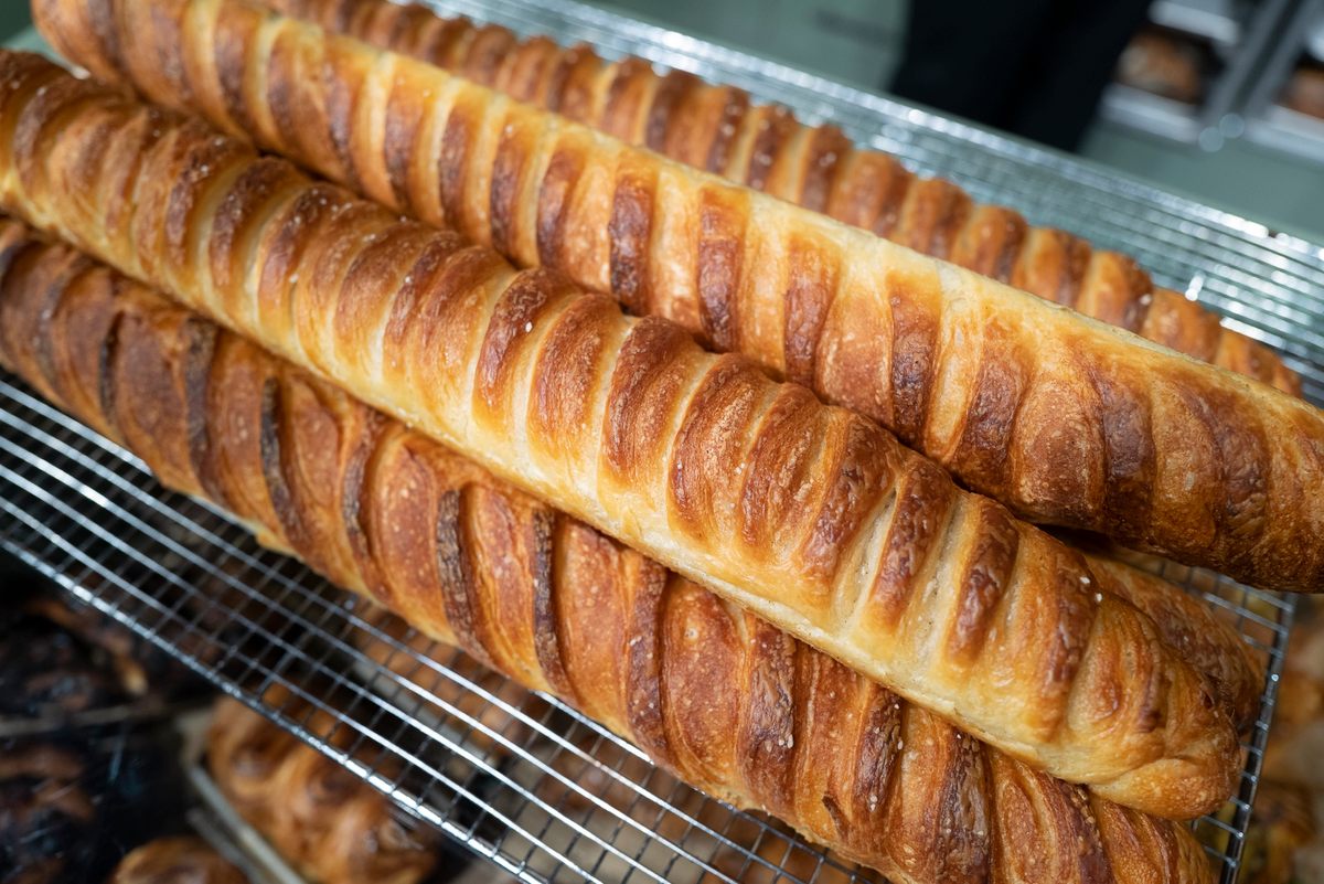 Laminated baguettes showered with crunchy salt.