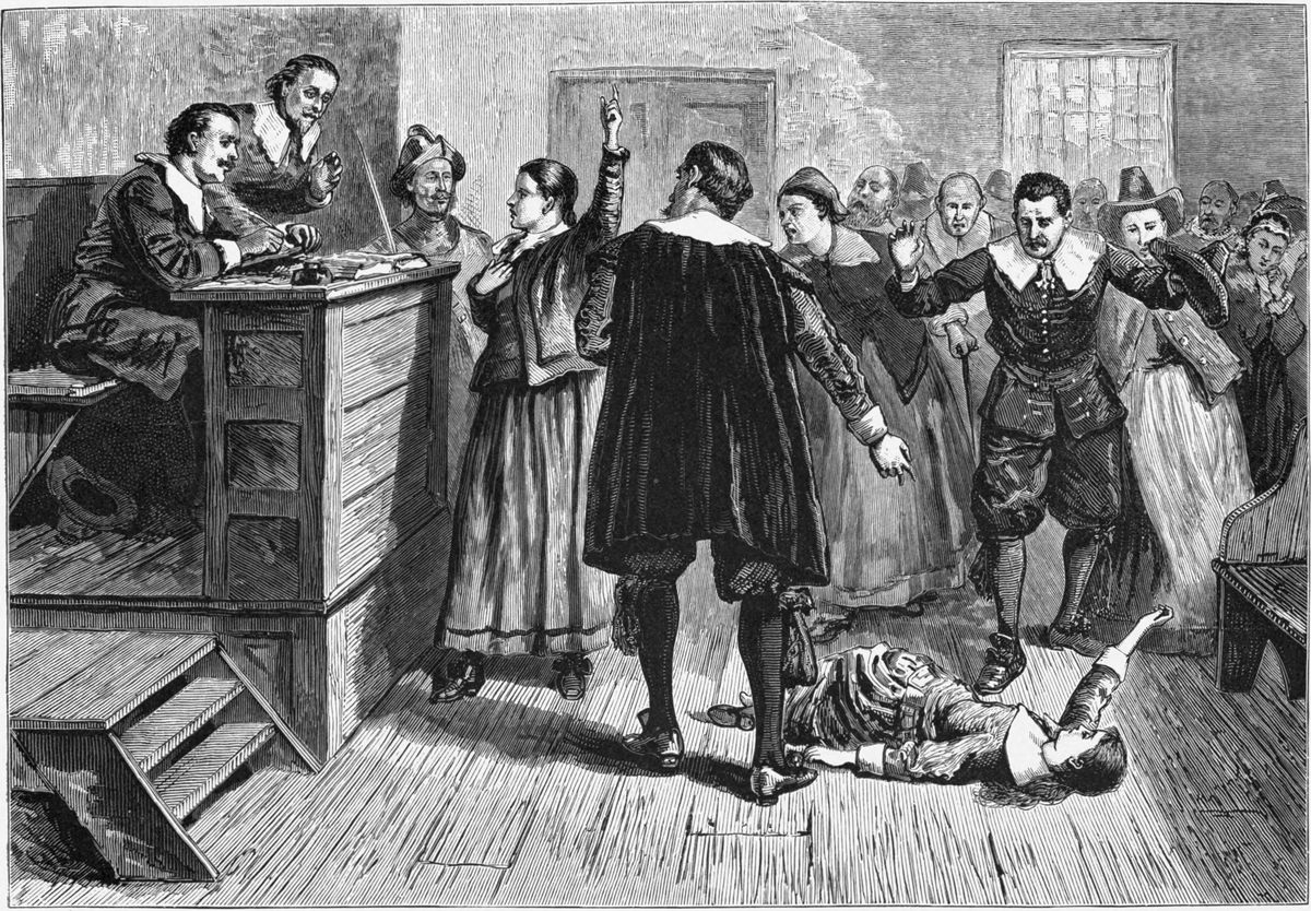 An unattributed 1876 engraving of a Salem witch trial.