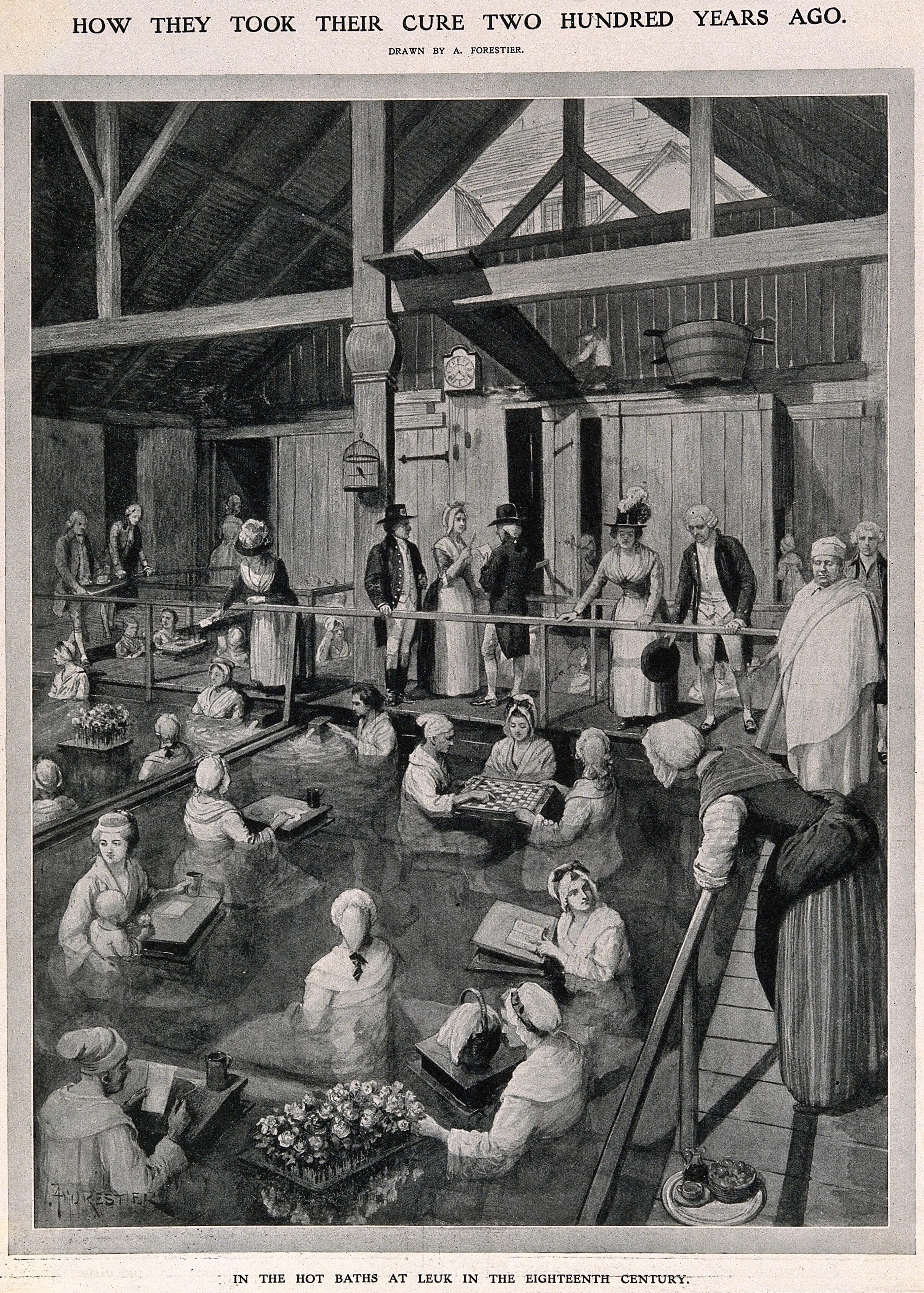 Patients bathing in the hot baths at Leuk, Switzerland, in the 1700s.
