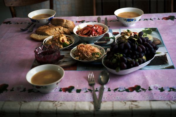 Koryo Saram meal, photographed in Ushtobe, Kazakhstan. 