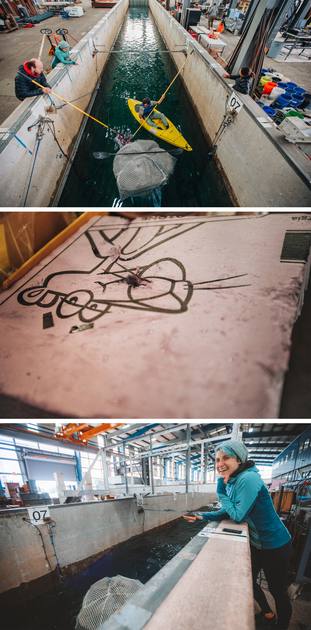 Members of the Emerald Tutu experiment wrangle their test "chungus" (top); the prototype is built of netting, plastic tentacles, and the occasional Pink Panther flotation device (middle); Emerald Tutu's lead investigator Julia Hopkins (bottom).