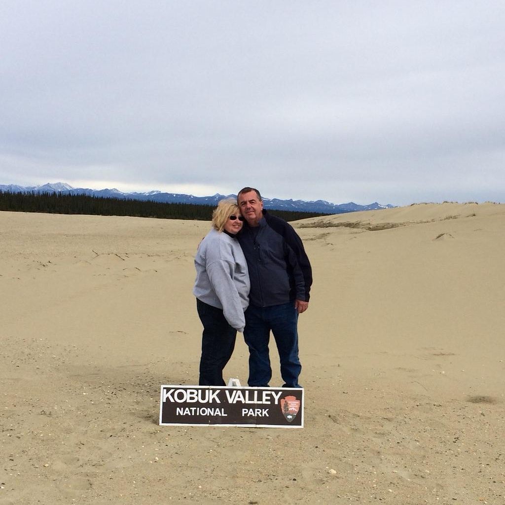 Shelly and Don at Kobuk Valley National Park, Alaska.  This was our 59th National Park.  It is from June 5th, 2015.