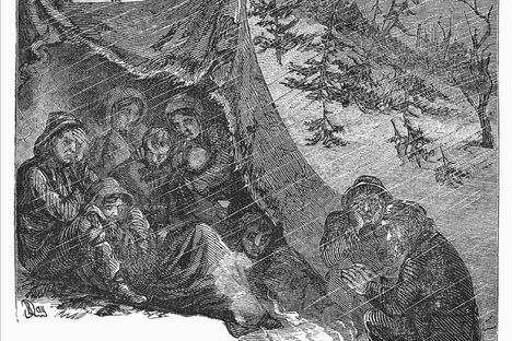 Illustration of the Donner Party, trapped in the snows of 1846