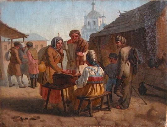 An 1860 painting shows kvass being sold on the streets of a Russian village.