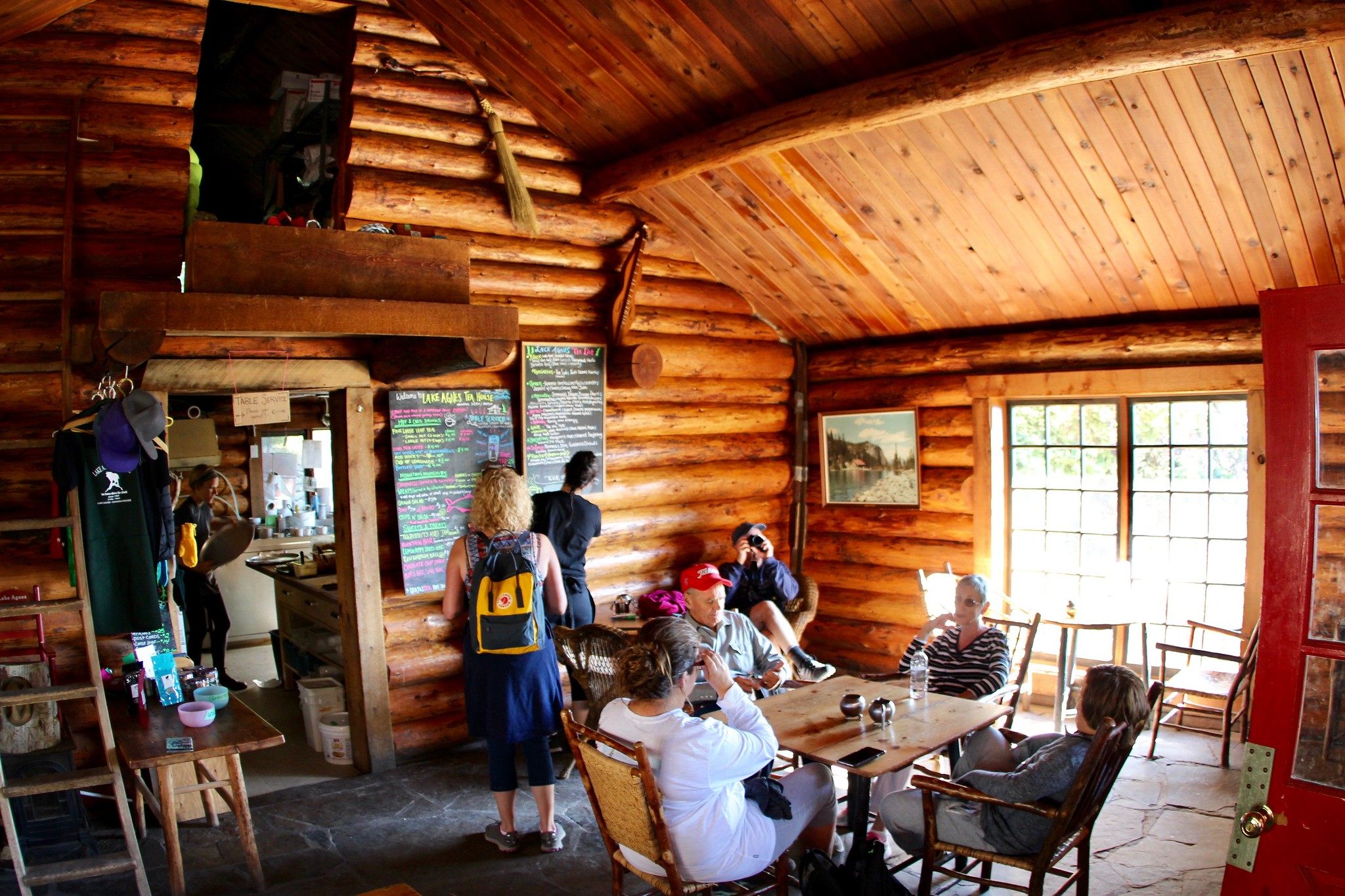 The cozy interior of Lake Agnes teahouse.
