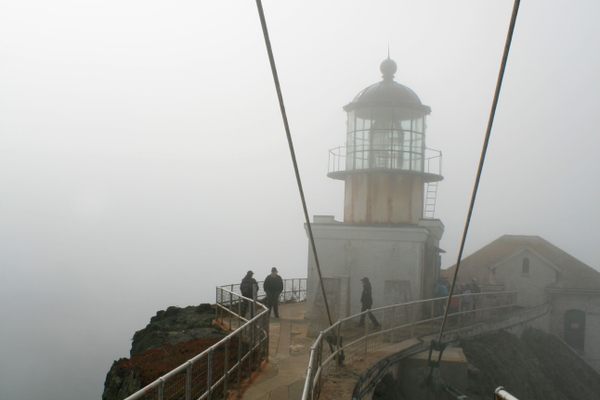 The lighthouse from the footbridge.  The fog today shows why the lighthouse was necessary.