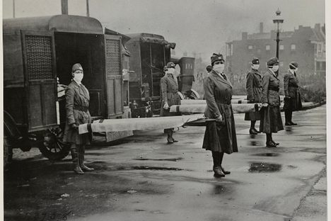 The St. Louis Red Cross Motor Corps on duty during the 1918 Influenza epidemic.