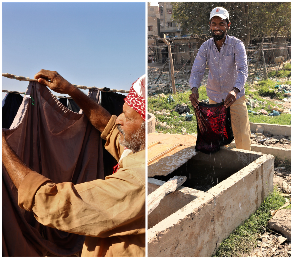Muhammad Naqeel hangs laundry between intertwined lines, eliminating the need for pegs (left). Another dhobi shakes the water out of a piece of fabric while singing regional folk songs (right).