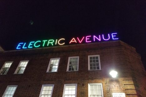 The multicolored sign at Brixton Road.