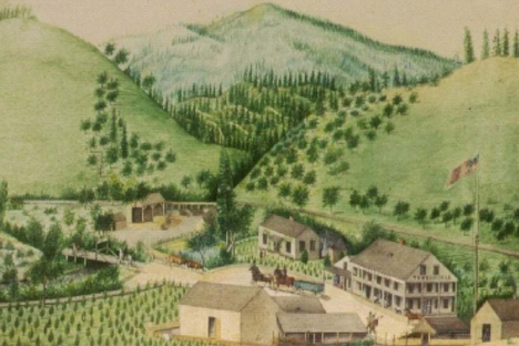 The Tower House Hotel and adjacent orchards, circa 1860, painter unknown.