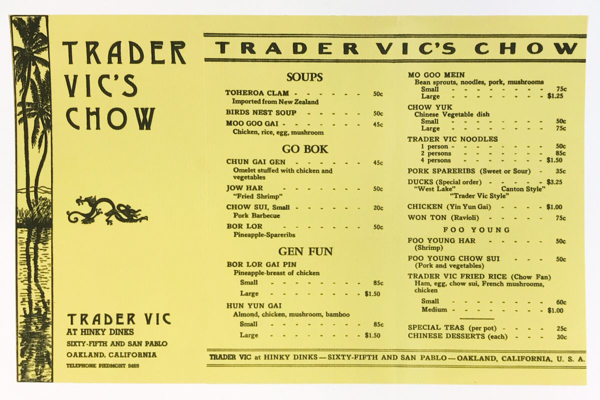 Trader Vic's first menu. No crab rangoon yet, but a lot of American Chinese dishes.