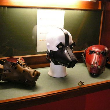 BDSM masks in the sex machines museum in Prague.