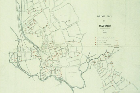 The Oxfordshire Band of Hope and Temperance Union produced this map of Oxford's breweries and pubs in 1883.