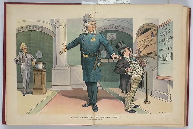 Uncle Sam directs a corrupt politician to the new entrance of the Senate, which is guarded by a voter and a glass ballot box. 