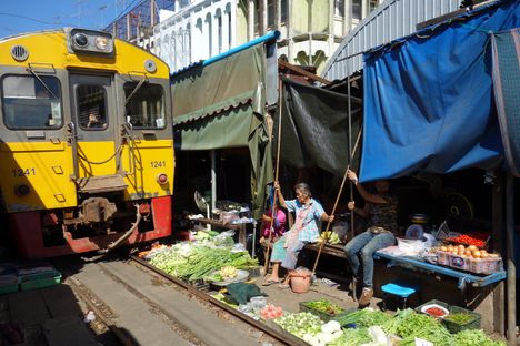 Train going over vegetables on display