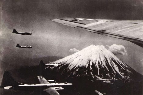 U.S. bombers over Mount Fuji during WWII.