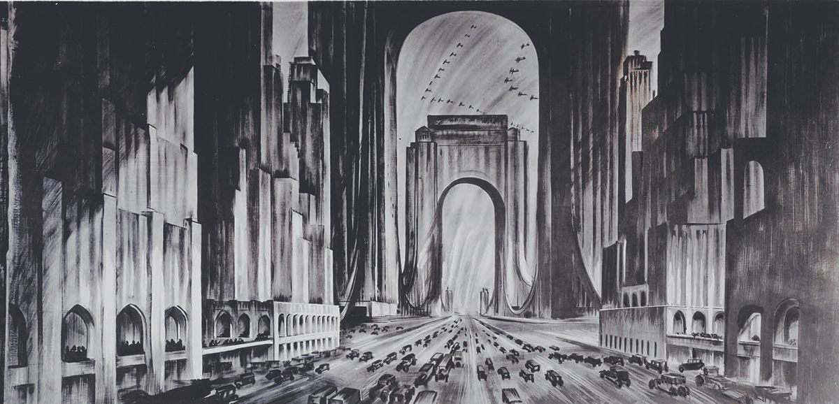 The view of Raymond Hood's proposed skyscraper bridge, from 1925.