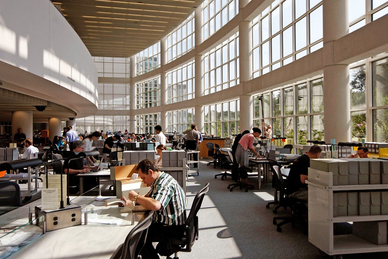 The Textual Reading Room at the National Archives in College Park, Maryland.
