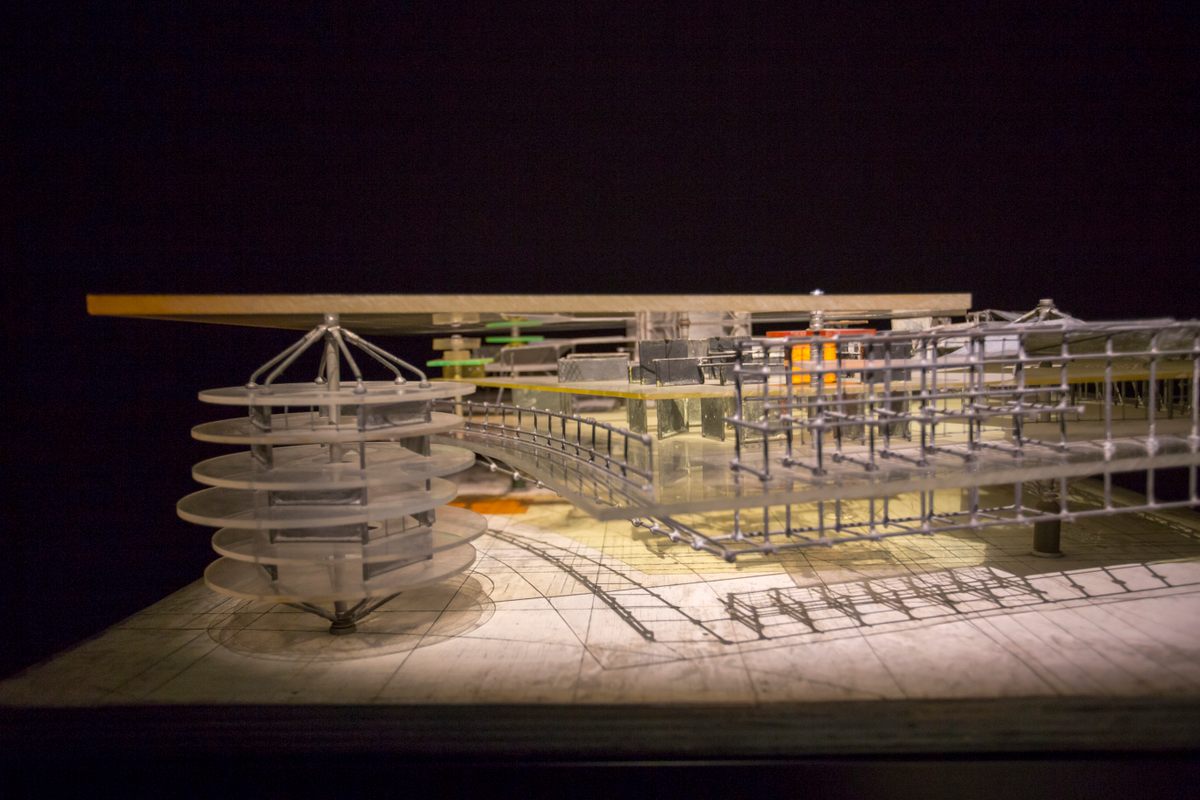 A detailed view of "Yellow Sector" (1961) which features a circular tower and what look like monkey bars.