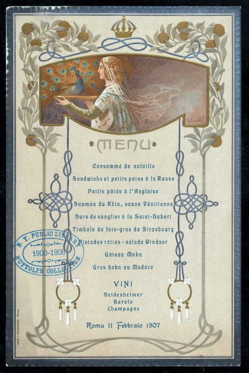 Menu for a ball hosted by Italian King Victor Emmanuel III, 1907.