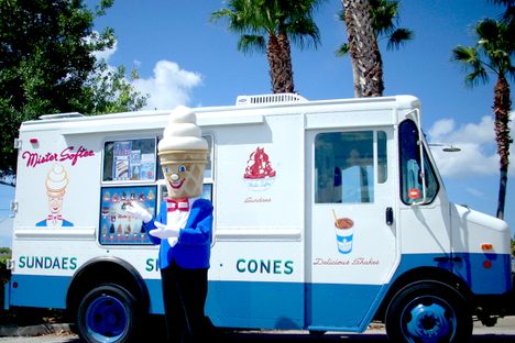 Mister Softee himself outside one of the ice cream trucks.