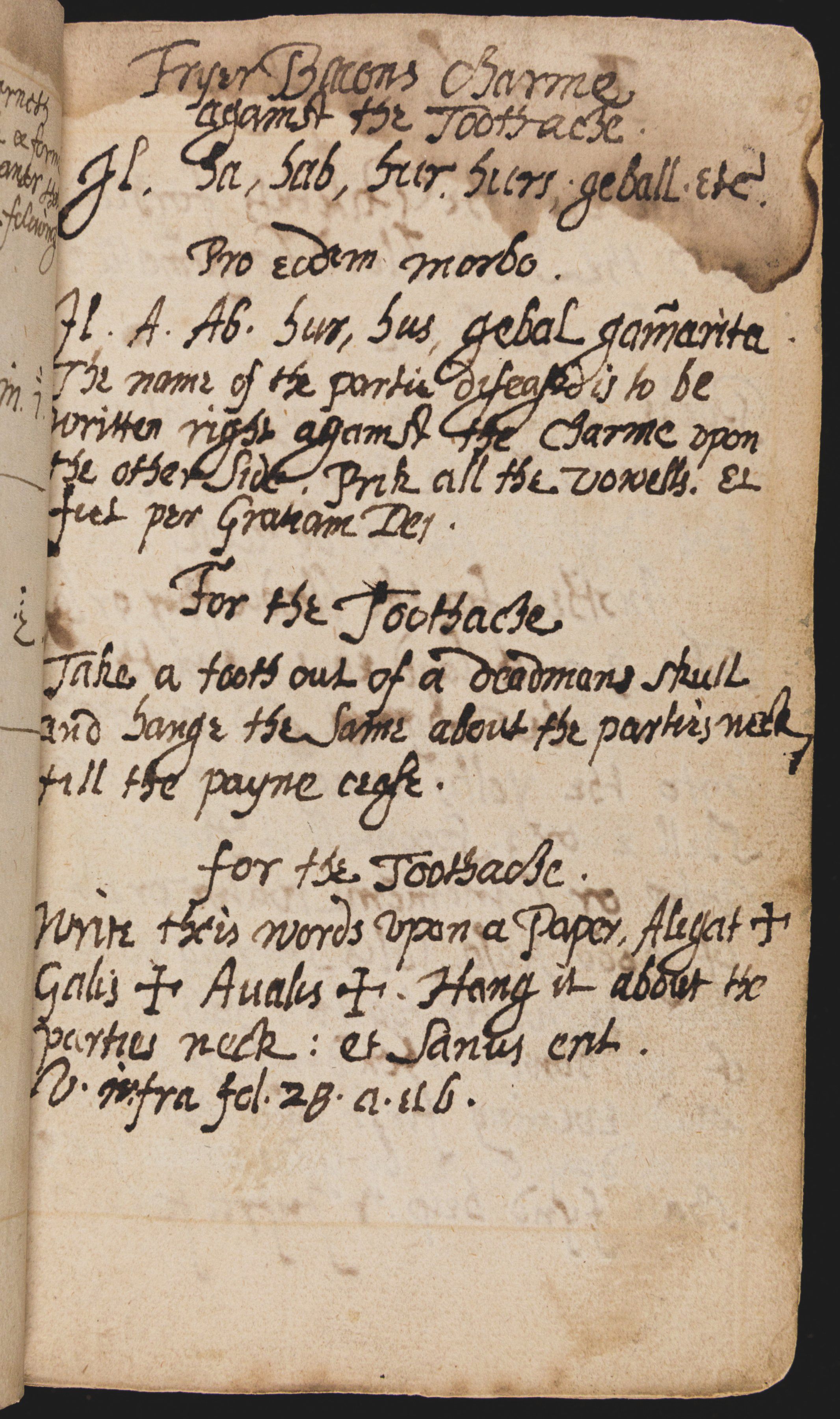 A page from <em>The Book of Magical Charms</em>, detailing how to treat a toothache.