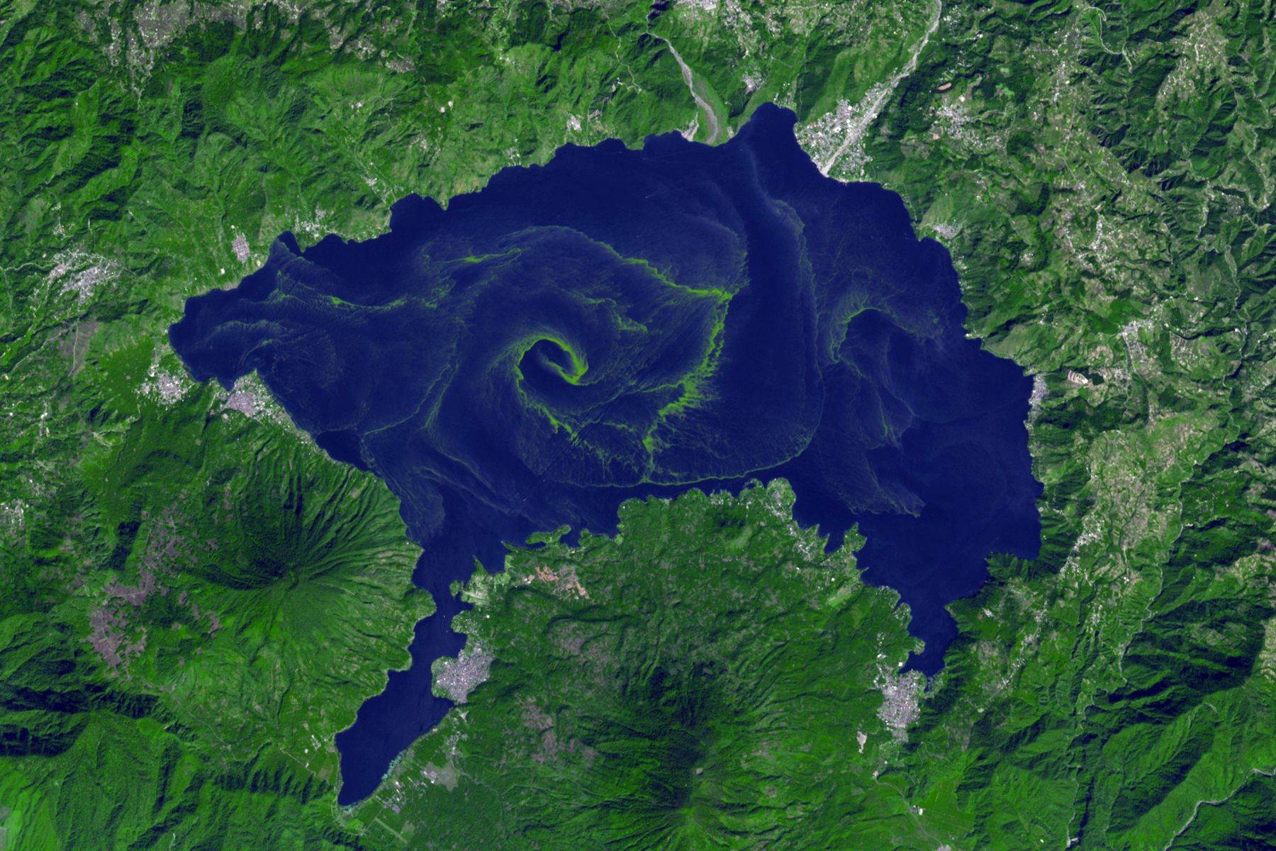 A large bloom of cyanobacteria in Lake Atitlán, which is caused by increased runoff as a result of deforestation around the lake basin.