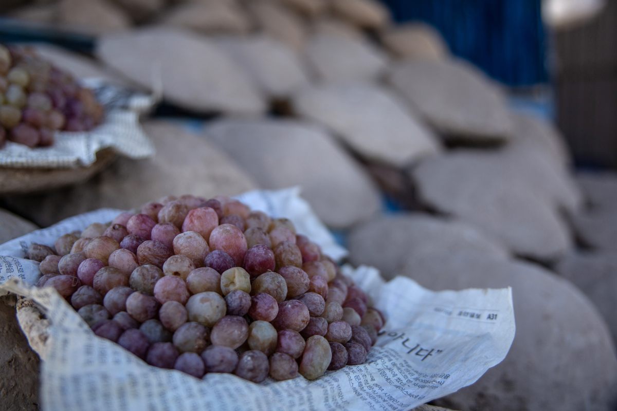 The grapes are stored for up to six months, kept fresh in airtight mud-straw containers.