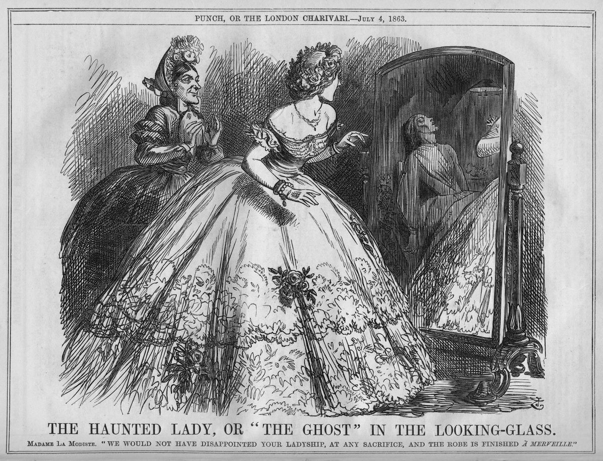 "The Haunted Lady, or ‘The Ghost’ in the Looking-Glass," from an 1863 issue of <em>Punch</em>. A fashionable woman looks in the mirror and sees a vision of the exhausted seamstress who died to make her clothing. 