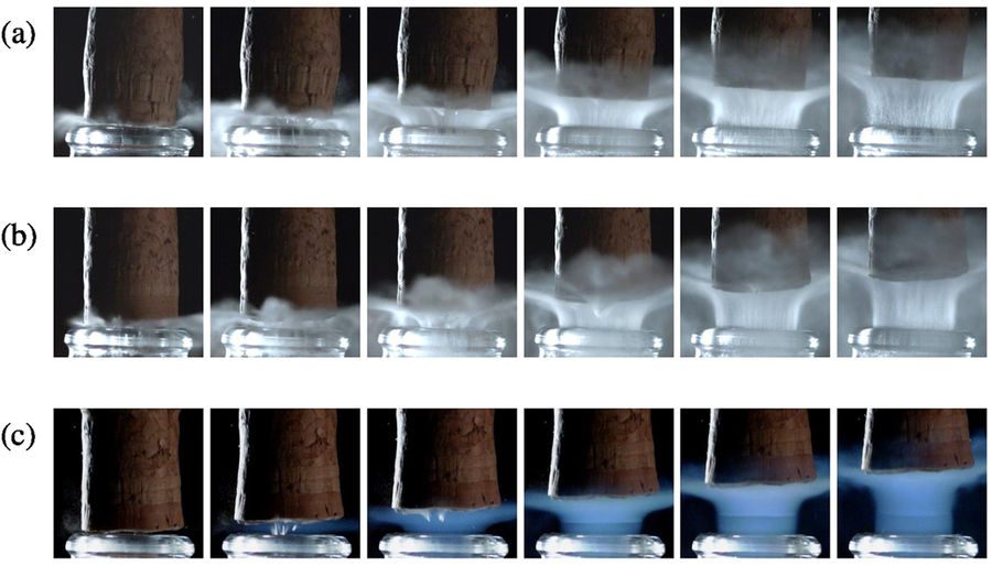 Close-ups showing details of the cork-popping process of bottles at three different temperatures: 42.8 degrees Fahrenheit (a), 53.6 degrees (b), and 68 degrees (c).
