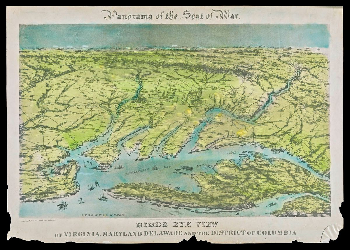 A balloon-style map of "The Seat of War," by John Bachmann.