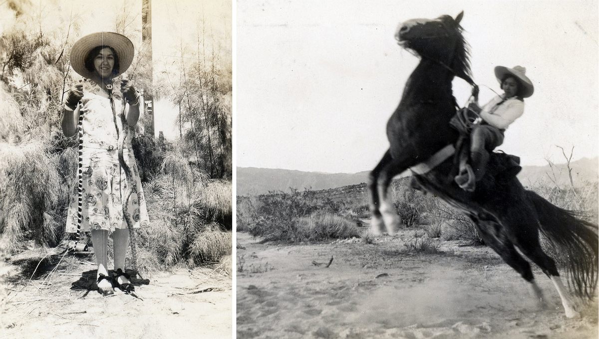 Lula Mae Graves with kingsnake and bullsnake in 1930 (left), and on a bucking horse named Baldy (right).