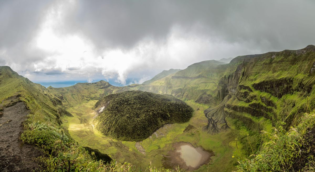 The summit crater of La Soufrière in 2020. All of this was destroyed by the 2021 eruption.