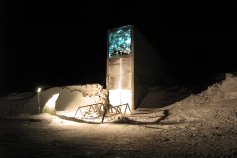 The entrance to the seed vault illuminated at night. 