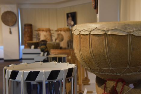 Drums from around the world are exhibited.